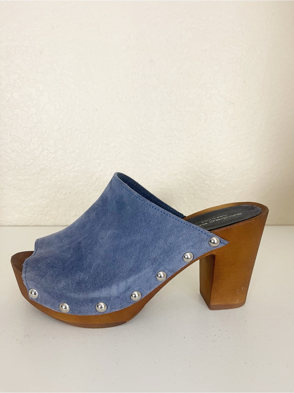 Sandro Rosi Made In Italy Blue Suede Leather Studded Wooden Clogs 39